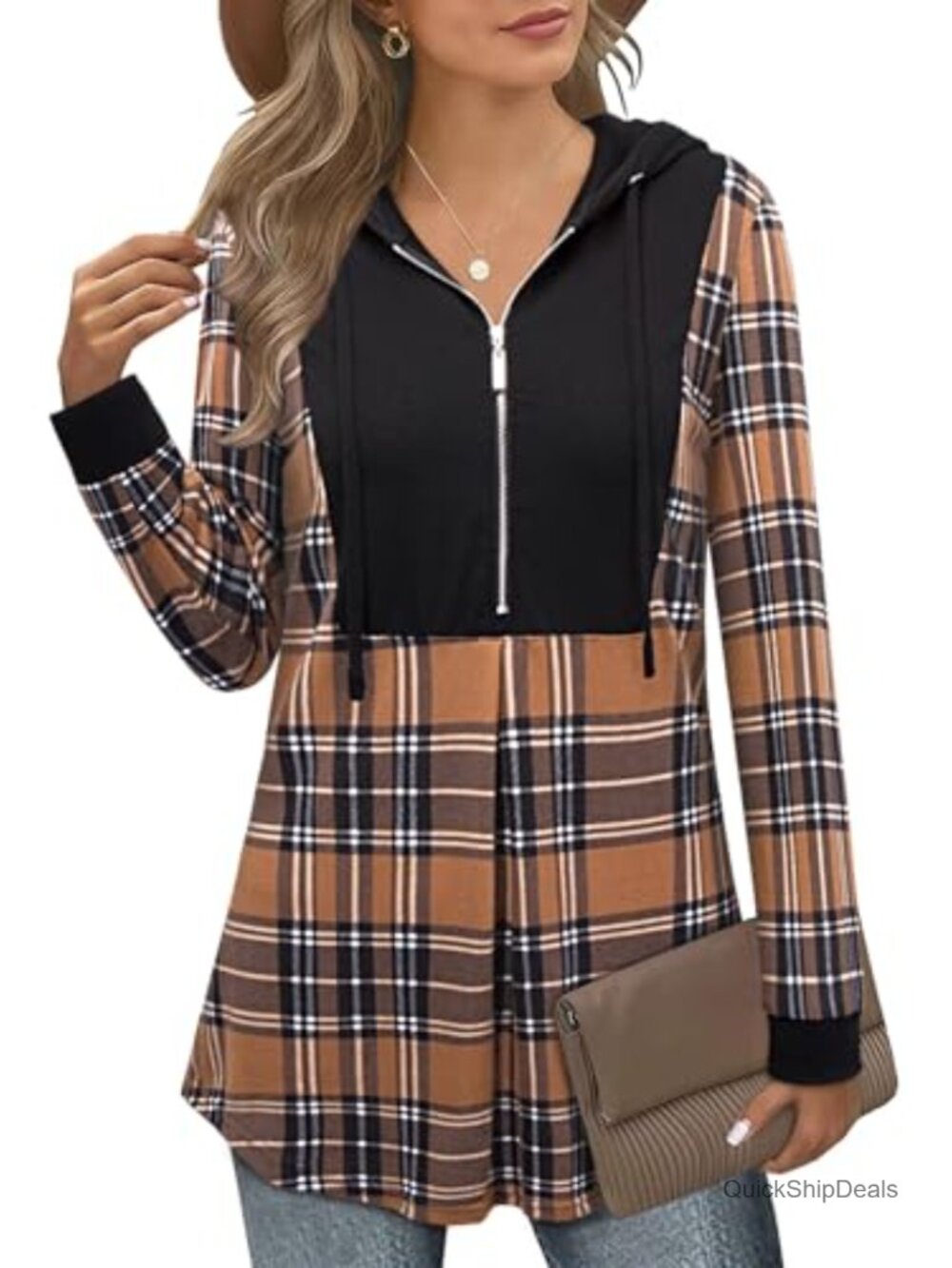 Quarter Zip Hoodie Pullover Long Sleeve Color Block Tunic Sweatshirt